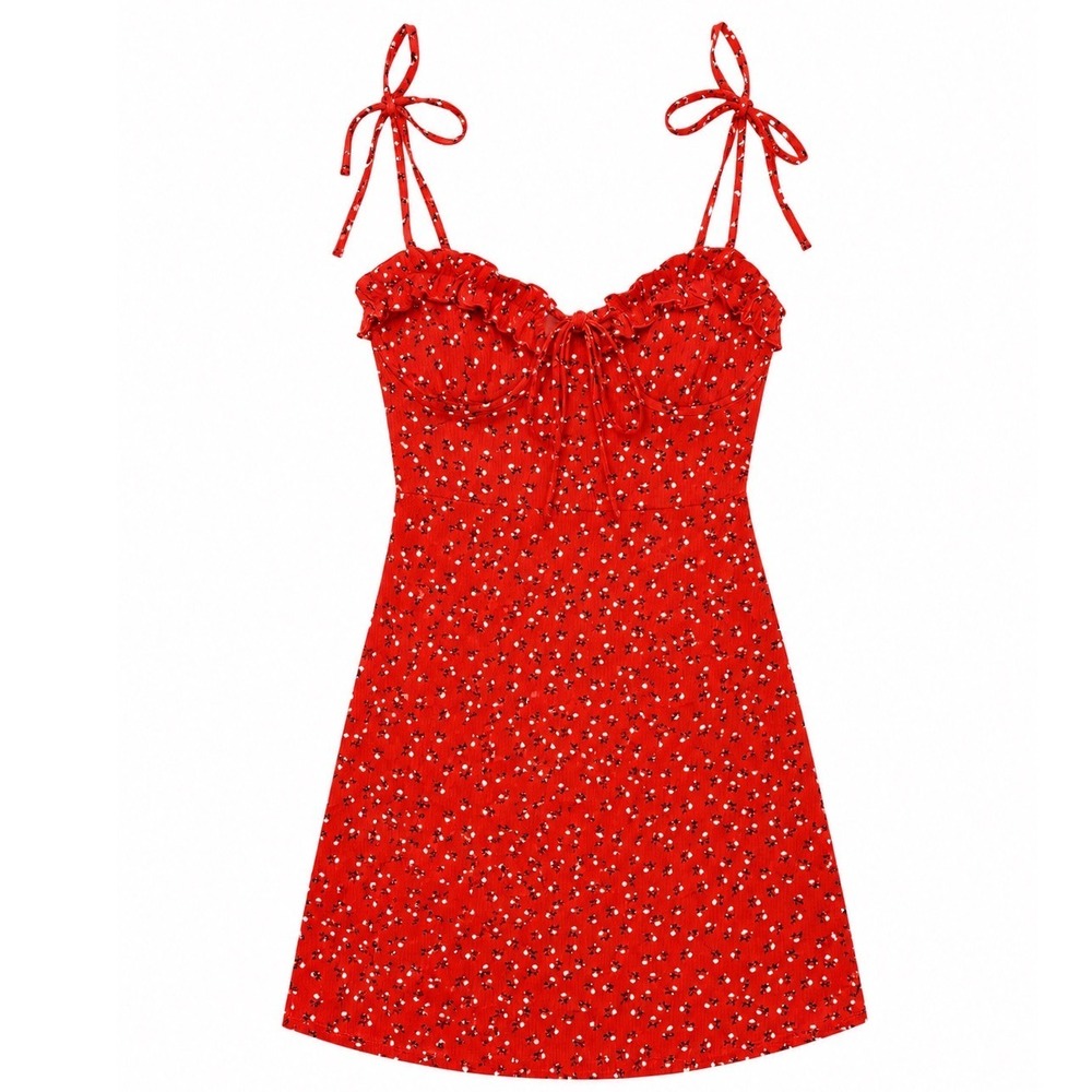NWOT Polly Red Floral Mini Dress Smocked Back Ruffle Tie Front Size US 2